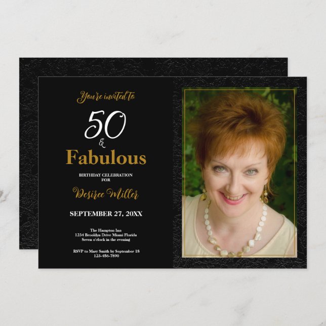 50 And Fabulous Gold Black Floral Birthday Invitation (Front/Back)
