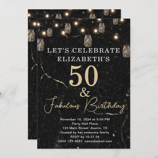 50 and Fabulous Gold Black Marble Mason Jar Lights Invitation (Front/Back)