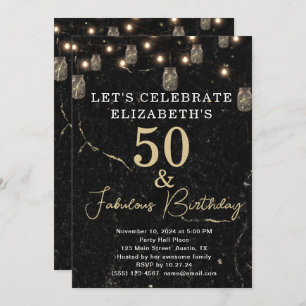 50 and Fabulous Gold Black Marble Mason Jar Lights Invitation