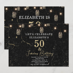 50 and Fabulous Gold Black Marble Mason Jar Lights Invitation