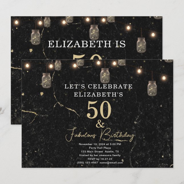 50 and Fabulous Gold Black Marble Mason Jar Lights Invitation (Front/Back)