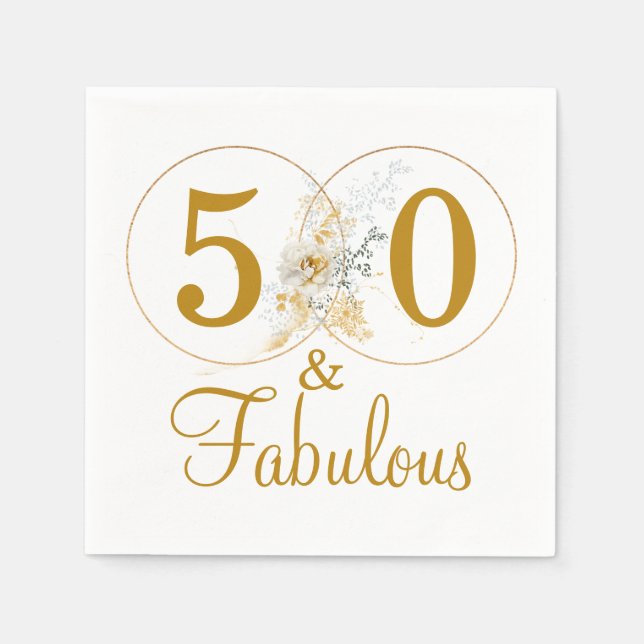 50 and Fabulous Gold Floral Birthday Party Napkin (Front)