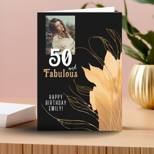 50 and Fabulous Gold Foliage 50th Birthday Photo Card (Creator Uploaded)