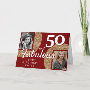 50 and Fabulous Gold Glitter 2 Photo 50th Birthday Card