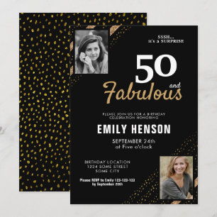 50 and Fabulous Gold Glitter 2 Photo 50th Birthday Invitation