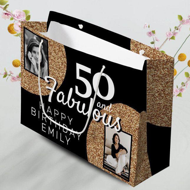 50 and Fabulous Gold Glitter 2 Photo 50th Birthday Large Gift Bag (Creator Uploaded)