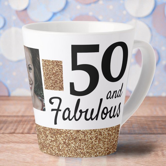 50 and Fabulous Gold Glitter 2 Photo 50th Birthday Latte Mug (Creator Uploaded)