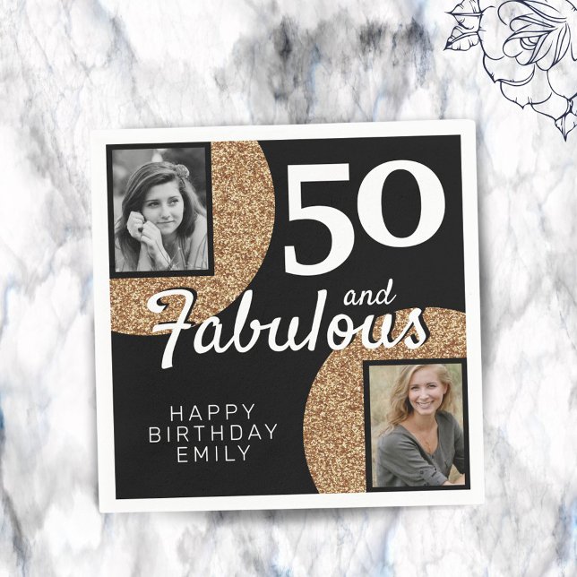 50 and Fabulous Gold Glitter 2 Photo 50th Birthday Napkin (Creator Uploaded)