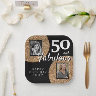 50 and Fabulous Gold Glitter 2 Photo 50th Birthday Paper Plate