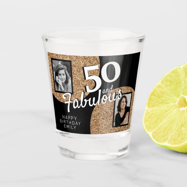 50 and Fabulous Gold Glitter 2 Photo 50th Birthday Shot Glass (Front)