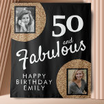 50 and Fabulous Gold Glitter 2 Photo 50th Birthday Tapestry<br><div class="desc">50 and Fabulous Gold Glitter 2 Photo 50th Birthday Tapestry. Faux gold glitter on black with 2 photos - you can use an old and a new photo. Add your name and age and make great,  elegant birthday backdrop for the milestone celebration.</div>