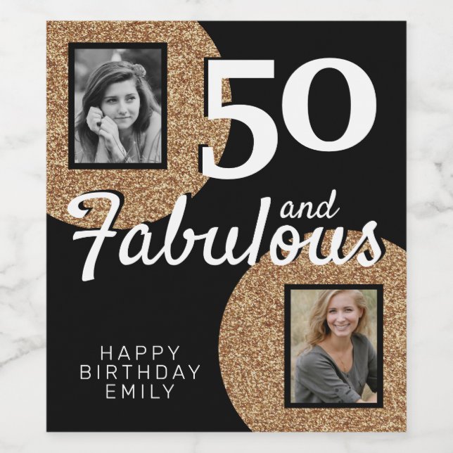50 and Fabulous Gold Glitter 2 Photo 50th Birthday Wine Label (Single Label)