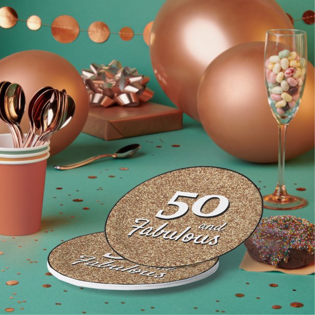 50 and Fabulous Gold Glitter 50th Birthday  Paper Plate (Multi)