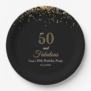 50 and Fabulous Gold Glitter and Black Birthday Paper Plate