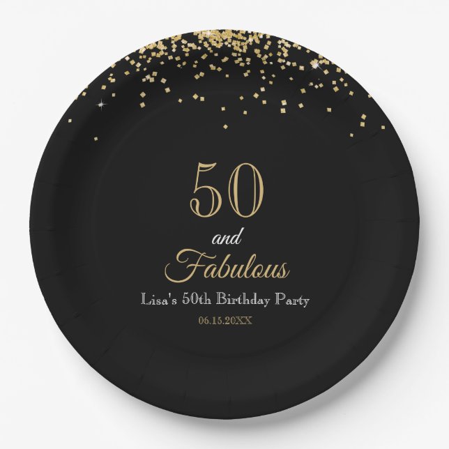 50 and Fabulous Gold Glitter and Black Birthday Paper Plate (Front)