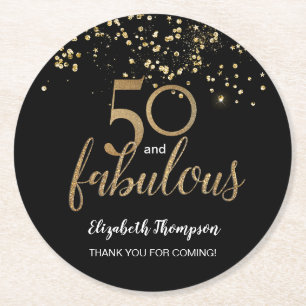 50 and fabulous gold glitter confetti personalised round paper coaster