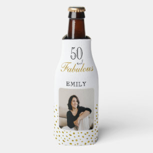 50 and Fabulous Gold Glitter Photo 50th Birthday Bottle Cooler