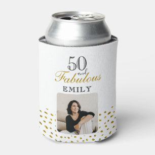 50 and Fabulous Gold Glitter Photo 50th Birthday Can Cooler