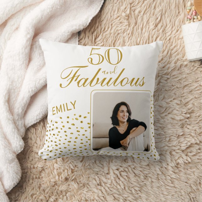 50 and Fabulous Gold Glitter Photo 50th Birthday Cushion (Blanket)