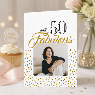 50 and Fabulous Gold Glitter Photo 50th Birthday Holiday Card