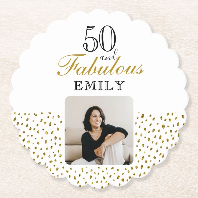 50 and Fabulous Gold Glitter Photo 50th Birthday Paper Coaster (Front)