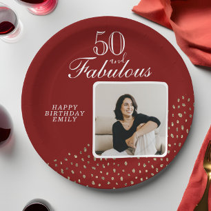 50 and Fabulous Gold Glitter Photo 50th Birthday Paper Plate