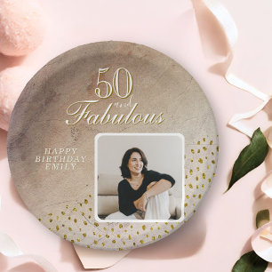 50 and Fabulous Gold Glitter Photo 50th Birthday Paper Plate