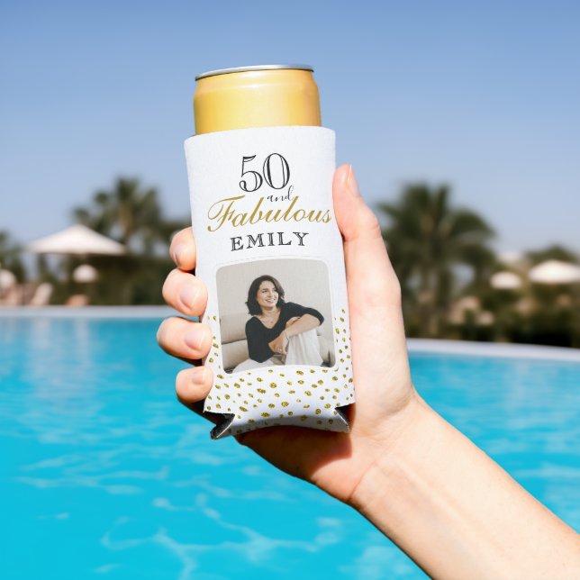 50 and Fabulous Gold Glitter Photo 50th Birthday Seltzer Can Cooler (In Situ Pool)