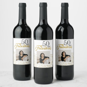 50 and Fabulous Gold Glitter Photo 50th Birthday Wine Label