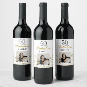50 and Fabulous Gold Glitter Photo 50th Birthday Wine Label