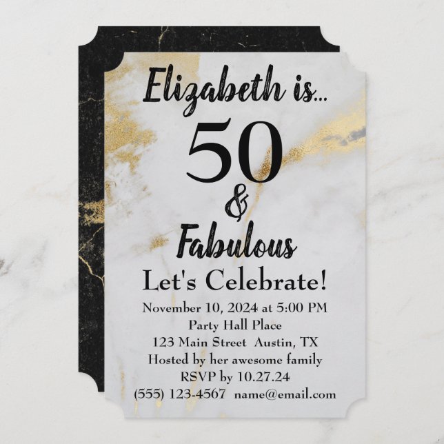 50 and Fabulous Gold Grey Marble with Black Text  Invitation (Front/Back)