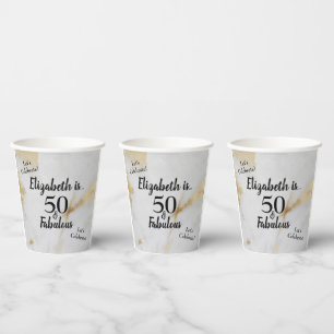 50 and Fabulous Gold Grey Marble with Black Text Paper Cups
