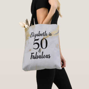 50 and Fabulous Gold Grey Marble with Black Text Tote Bag