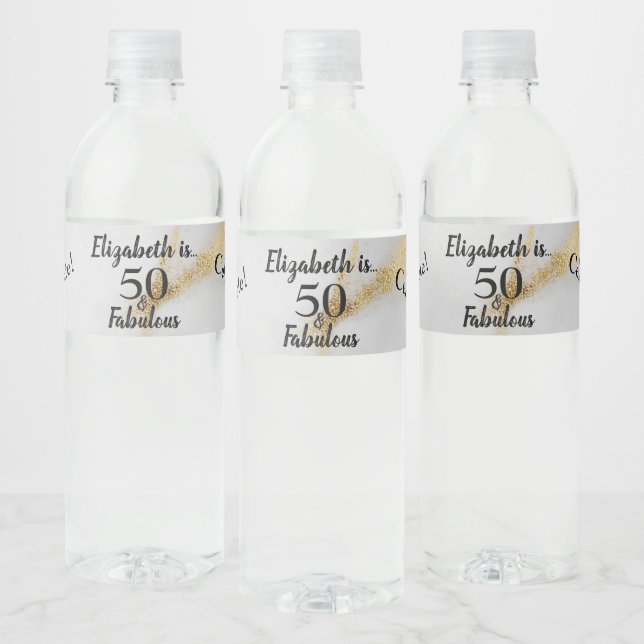 50 and Fabulous Gold Grey Marble with Black Text  Water Bottle Label (Bottles)