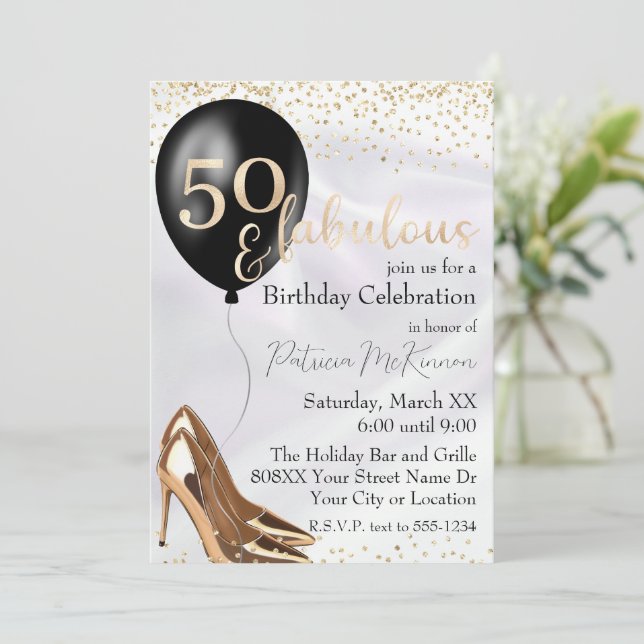 50 and Fabulous Gold High Heels Invitation (Standing Front)