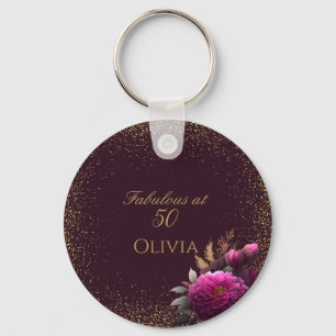 50 and Fabulous Gold Magenta Glitter Birthday Key Ring