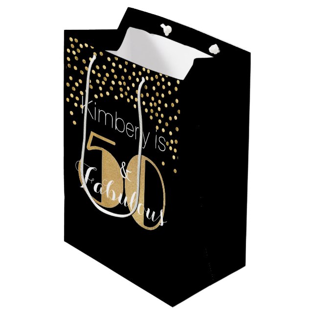 50 and Fabulous Gold Personalised Birthday Party Medium Gift Bag (Front Angled)