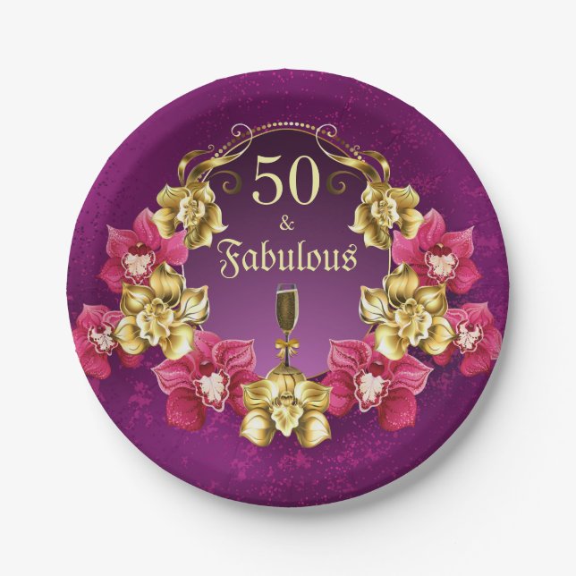 50 And Fabulous Gold Pink Orchids and Champagne Paper Plate (Front)