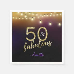 50 and Fabulous Gold Stars Purple Birthday Party Napkin