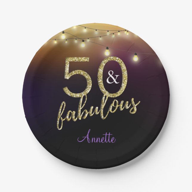 50 and Fabulous Gold Stars Purple Birthday Party Paper Plate (Front)