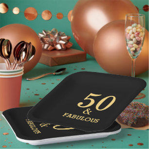 50 And Fabulous Golden Yellow Black Birthday Party Paper Plate