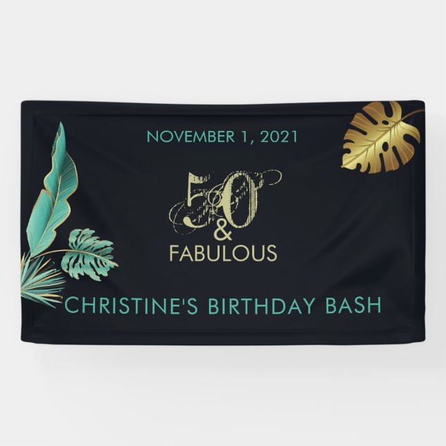 50 and Fabulous Green Gold Leaves Birthday Party Banner (Horizontal)