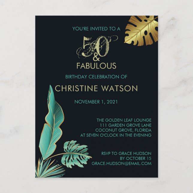 50 and Fabulous Green Gold Leaves Birthday Party Invitation Postcard (Front)
