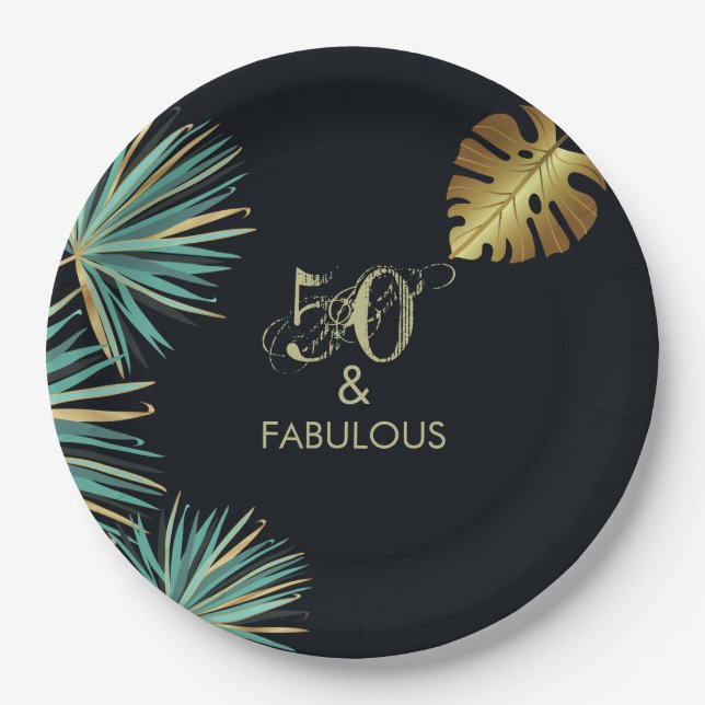 50 and Fabulous Green Gold Leaves Birthday Party Paper Plate (Front)