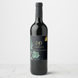 50 and Fabulous Green Gold Leaves Birthday Party Wine Label