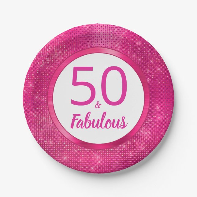 50 and Fabulous Hot Pink Glam 50th Birthday Party Paper Plate (Front)