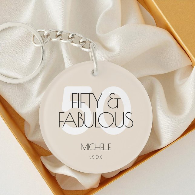 50 and fabulous Modern Beige Fifty Birthday Party Key Ring (50 and fabulous Modern Beige Fifty Birthday Party Keychain)