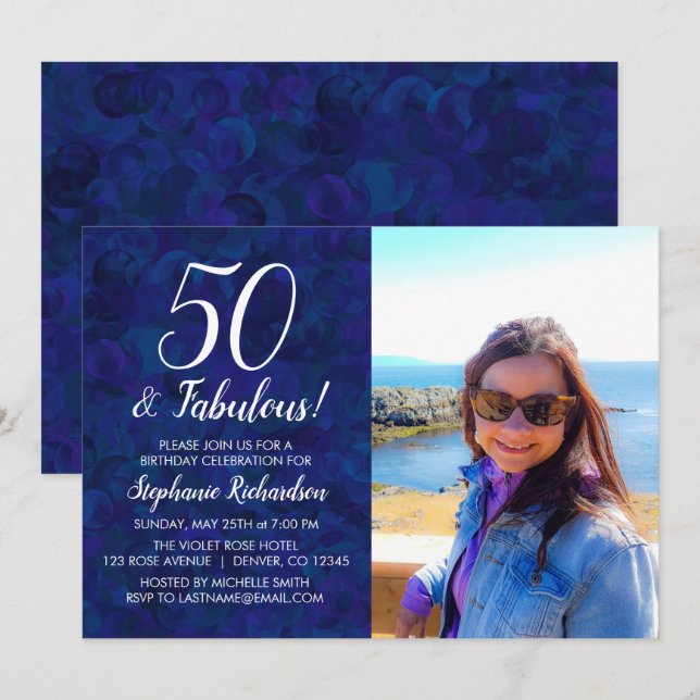 50 and Fabulous Navy Blue Photo Birthday Party Invitation (Front/Back)