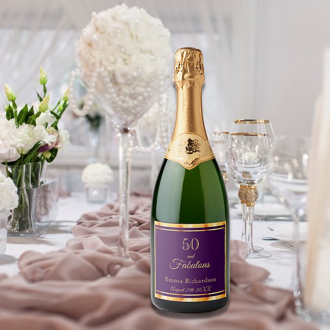 50 and fabulous on stylish purple with name date sparkling wine label (Creator Uploaded)