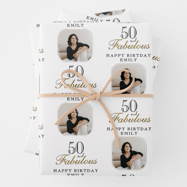 50 and Fabulous Photo 50th Birthday Wrapping Paper Sheet (In situ)